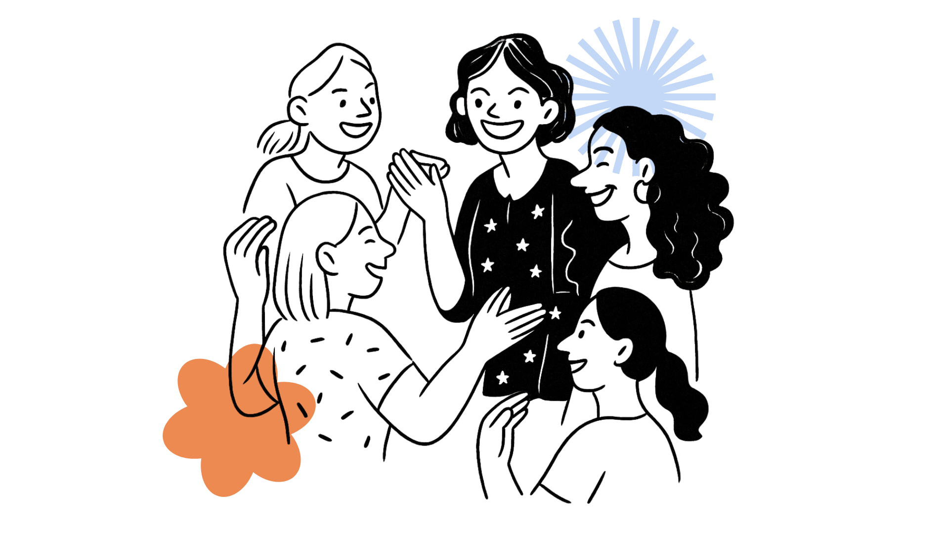 Diverse group of people with orange and blue abstract elements