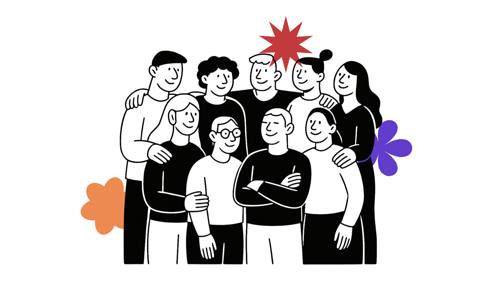 Diverse group of people with red, orange, and purple abstract elements